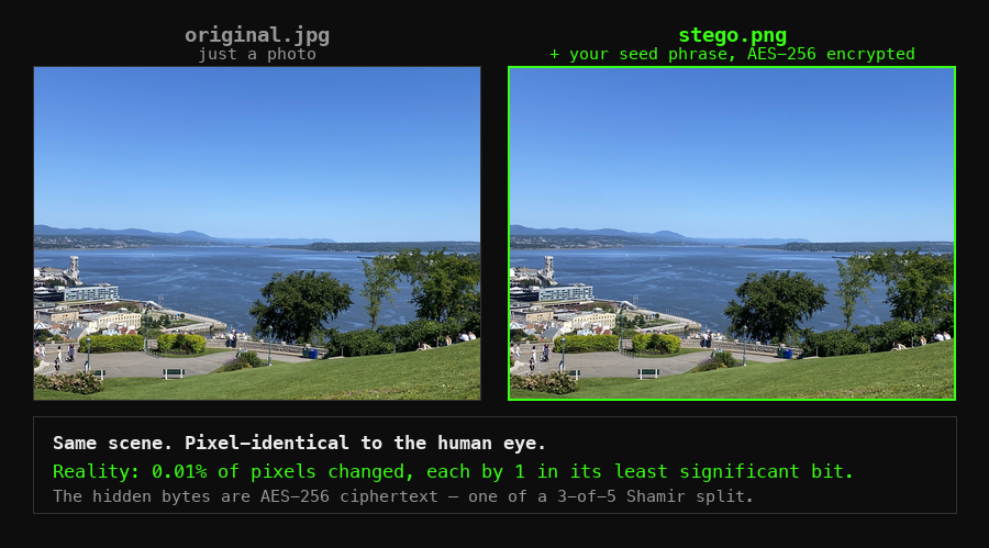 Two identical-looking photos of a harbor; the right one carries an AES-256-encrypted seed phrase, differing by 0.01% of pixels each by one bit